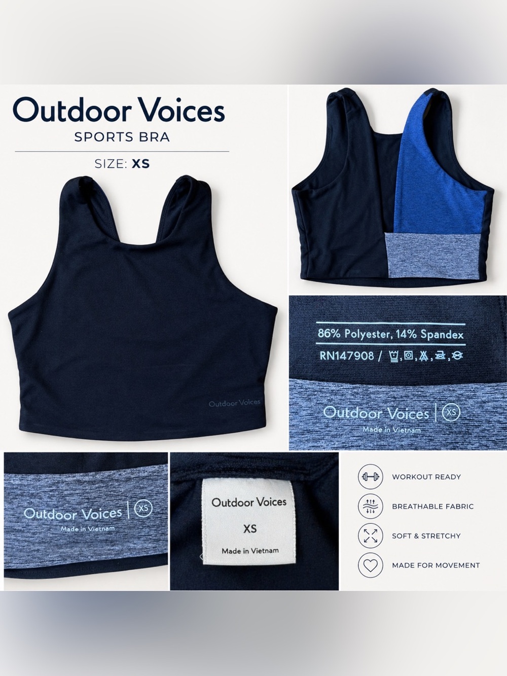 Outdoor Voices Athena Crop Tank Bra XS – Navy & Blue Colorblock